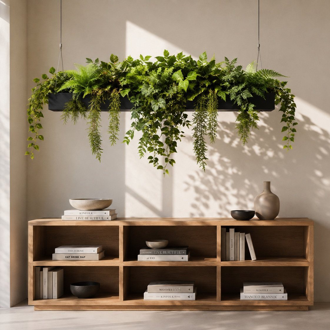 Hanging black planter with lush green faux foliage above a wooden bookshelf.