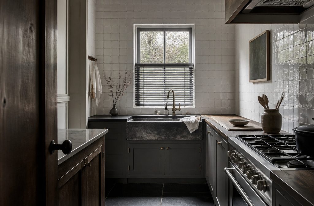 Small kitchen window above pale counters with light wood cabinets.