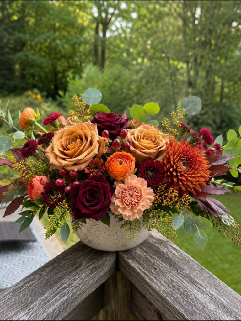Autumn floral arrangement with orange and red roses in a white ceramic bowl.