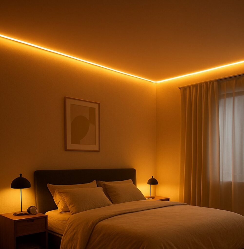 Bedroom with warm orange LED ceiling strip lighting and bedside lamps.
