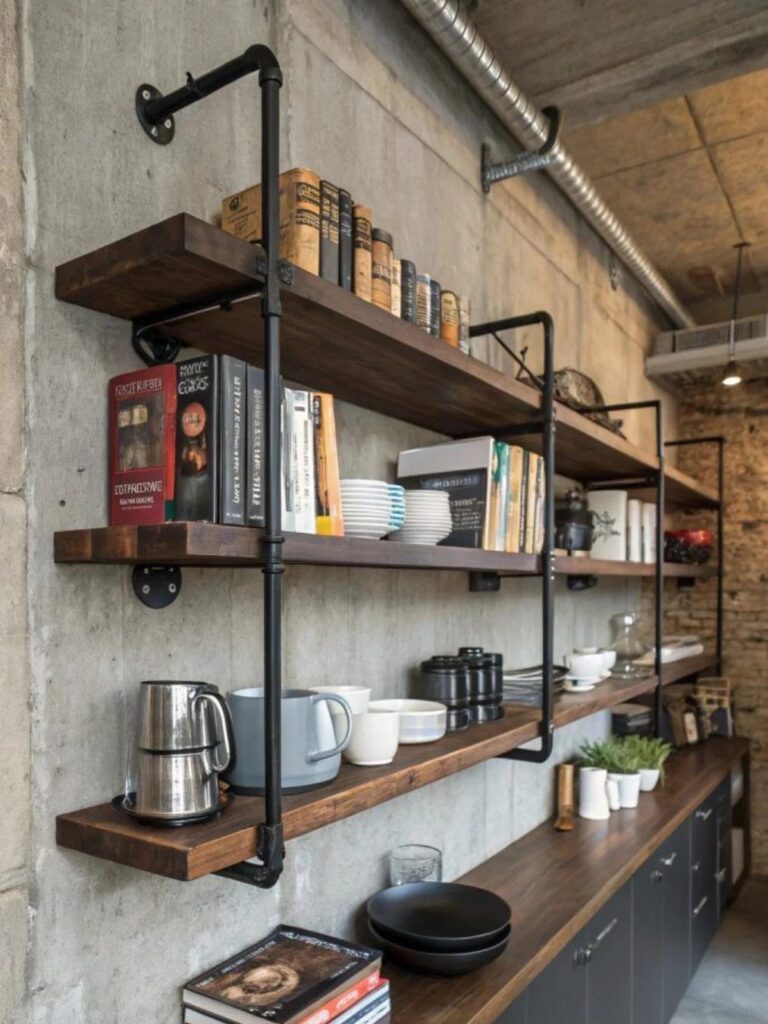 Wooden shelves with black metal pipe supports on a grey concrete wall.