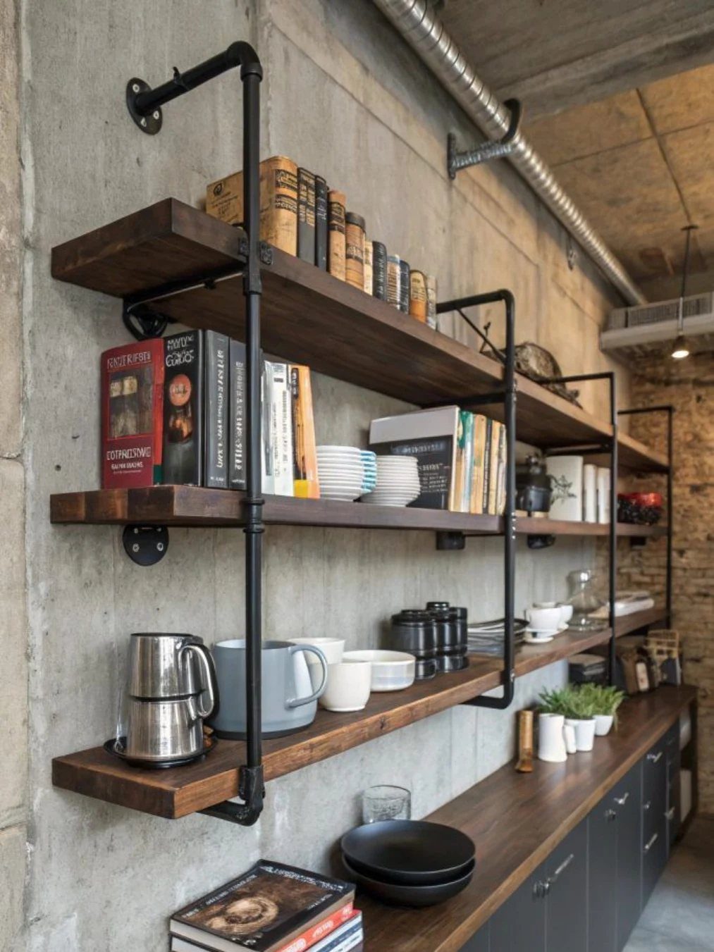 Wooden shelves with black metal pipe supports on a grey concrete wall.