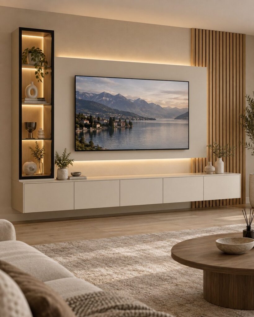 Wall-mounted television above a white floating cabinet with wooden slat wall accents.