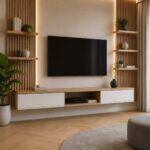 Wood slat wall with floating shelves and a television in a modern living room
