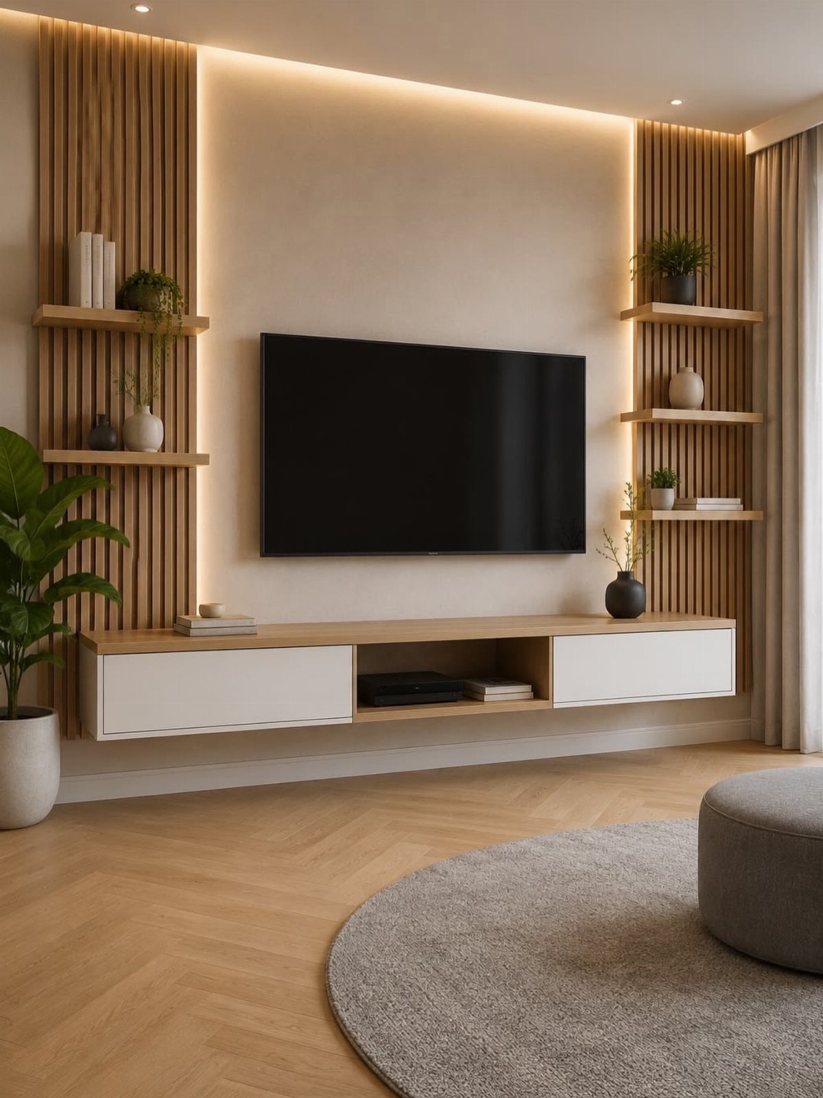 Wood slat wall with floating shelves and a television in a modern living room